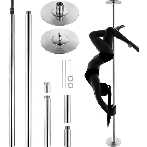 【Back to School】VEVOR Professional 45mm Heavy-Duty Stainless Steel Dancing Pole - Spinning/Static Spin/Lock in 1 Turn Kit with Rubber, Portable for Easy Transport, Height-Adjustable Exercise & Home Gym Equipment, Silver, Exercise Equipment