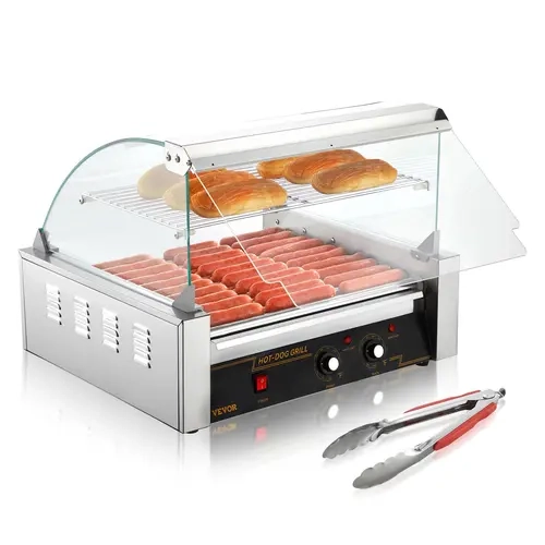 【Backtoschool】VEVOR Stainless Steel Hot Dog Roller Grill Cooker - 11 Rollers, 30 Hot Dogs Capacity, 1650W, Dual Temp Ctrl, Glass Hood, Acrylic Cover Bun Warmer Shelf, Removable Drip Tray, ETL Certified, Dishwasher Safe for Barbecues, Brush Included, Famil