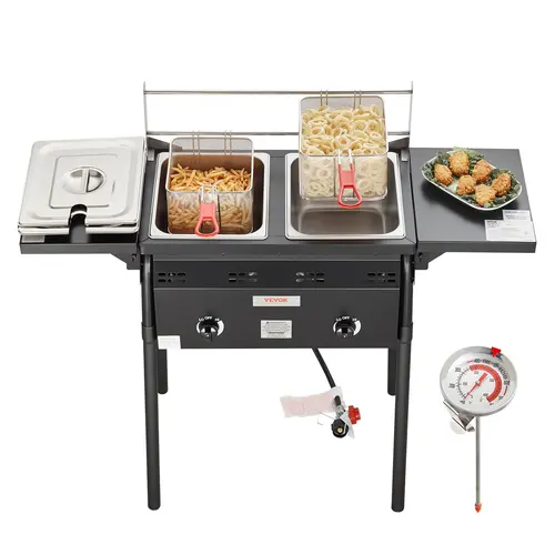【Backtoschool】VEVOR Outdoor Propane Deep Fryer, Double Burners Commercial Fryer, 16 Qt Stainless Steel Cooker with Removable Baskets & Lids & Tanks, Oil Fryer Cart with Thermometer & Regulator, For Outdoor Cooking, Household Appliances, Kitchen Accessorie