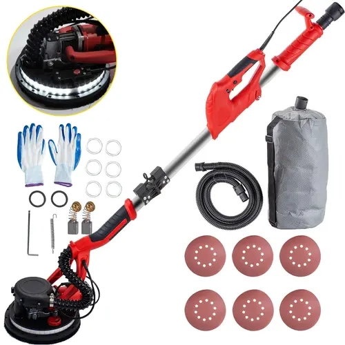 VEVOR Drywall Sander - 850W Heavy-Duty Power Tool, Hardware Polisher with 6-level Speed Dial, Accessible Switches for Quick Starts, Brush Pad Dust Absorb, Foldable Design, Telescopic Handle, LED Strip Light, Vacuum Bag & Gloves (Tools & Hardware Category)