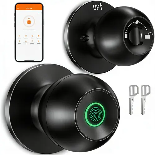 【Exclusive Live Deal】EUERTE Smart Door Knob, Fingerprint Door Knob, Biometric Smart Door Lock with App Control, Metal Alloy Door Knobs, Easy Installation, Great for Bedrooms, Cloakroom, Apartments Offices, Hotel(Black),FathersDayGift,toolupgrade