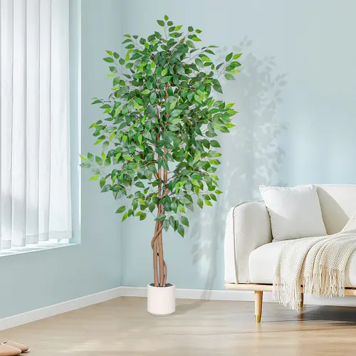 5FT Artificial Ficus Tree with White Planter, Realistic Faux Silk Plant, Indoor Outdoor Decorative Tree for Home, Office, Living Room, Porch & Garden