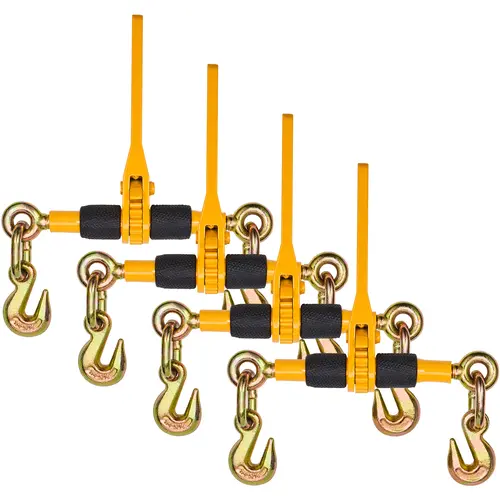 【toolupgrade】VEVOR Cast Steel Ratchet Chain Binders with Rubber Grip Lever Handle, 1/4"-5/16" Size, 2600 lbs Safe Working Load, 4-Pack with 2 Grab Hooks, Heavy Duty Towing/Logging Tie Downs for Flatbed Truck Trailer, Truck Accessories