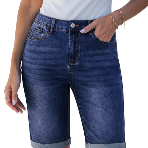 luvamia Bermuda Jean Shorts for Women Knee Length High Waisted Trendy Cuffed Hem Long Stretchy Denim Shorts Summer Jorts