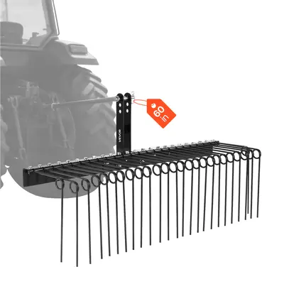 【fathersdaygift】VEVOR 60 in Tow Behind Landscape Rake,3 Point Hitch Lawn Dethatcher Rake26 Spring Steel Tinesfor Category 1 TractorsHeavy Duty & Rust-Resistant Rakes Tractor Attachments for Leaves Pine Needles, Garden Soil Rakes