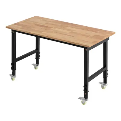 VEVOR Adjustable Workbench on Wheels, 1500 lbs Capacity, 48 x 24 Inch Oak Wood Top Workbench with 28.5-42.3 Inch Height Adjustment, Heavy-Duty Hardwood Worktable for Garage, Workshop, Home, Office