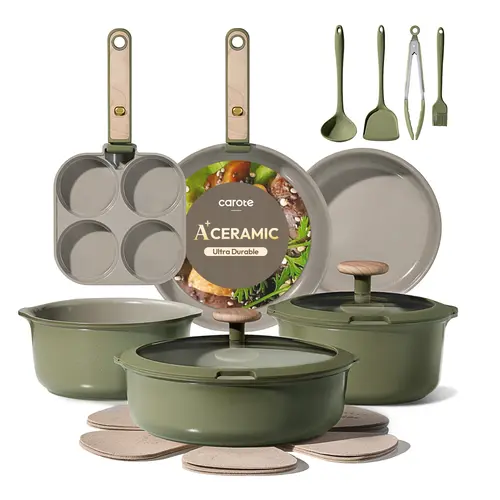 [Official] CAROTE 19Pcs Ceramic Cookware Set Nonstick with Detachable Handle, Dishwasher Safe, Easy Pouring Spout, Nonstick Pots And Pans Set