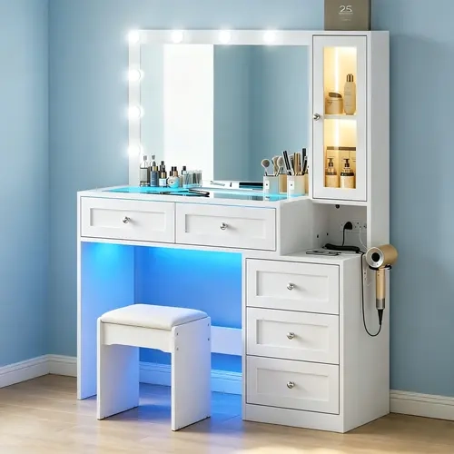 CollaredEagle Stable Sturdy Glam Farmhouse Charm Bedroom Makeup Vanity Table with 11 LED Bulbs, USB-Type-C Ports, Glass Top, Drawer Storage, Adjustable Brightness, Lighted Mirror & Soft Seat Cushion for Makeup Organization