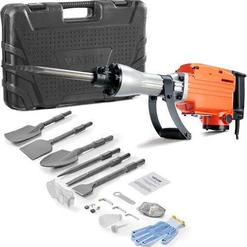 VEVOR Demolition Jack Hammer with 2/4/6 Chisel Bits, 360°C Swiveling Front Handle, High Torque Impact, Concrete Drill Bit, Plastic Components, Cooling System, Electric Hammer & Gloves for Concrete Breaking, Pipeline