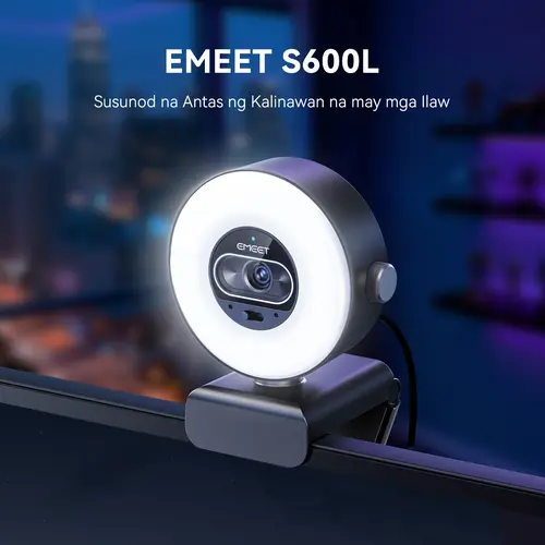 EMEET S600L 4K Webcam for Streaming with Ring Light, 1/2" Sensor, 0.2S PDAF, 4 Lighting Modes, Rainbow Effect, 2 Mics, Dial Control, 4K Webcam with Light for PC