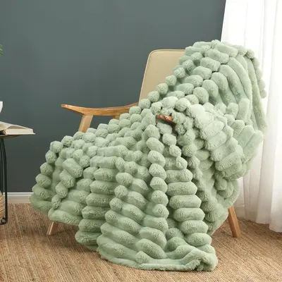 Raybee Sage Green Raised Stripe Polyester Fleece Throw Blanket 70"×80" - Fluffy, Lightweight, Body-Warming All Season Blanket with Reinforced Stitching for Couch, Bed - Thoughtful Cozy Gift for Any Occasion