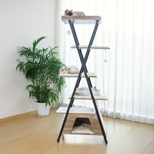 【SohoChic】ZZWHOM 73" Modern Wooden Cat Tower - Multi-Level Indoor Cat Furniture with Metal Frame, Scratching Posts, Caves, Large Perch, Removable Pads, Anti-Slip Base, Easy Maintenance & High Stability for Cozy Use