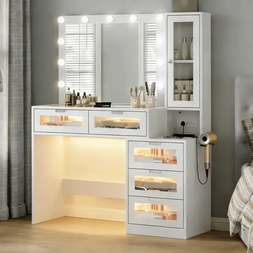 CollaredEagle Lighted Vanity Table with LED Mirror, Tempered Glass Top, Side Cabinet, Power Outlet, Lit Drawers, Stable Storage - Modern LED Dresser for Bedroom Makeup Organization Station, Led Lights