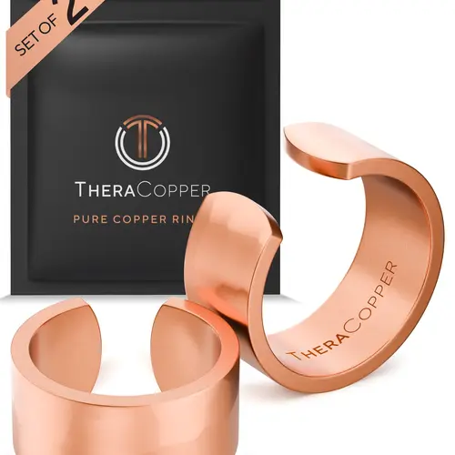 TheraCopper Pure Copper Rings for Women (2-Pack) — 100% Pure Copper Ring — Raw, Solid & Uncoated Authentic Handmade Open-End Adjustable Ayurvedic Jewelry Rings (10mm Hammered)