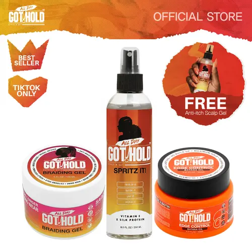 ALL DAY GOT HOLD Strong Hold Braiding Gel & Edge Control Bundle - Women's Dry Hair Products, Sleek Edges, Free Anti-Itch Scalp Gel, Setting Spray, Bottle Hair Gloss Styling Product
