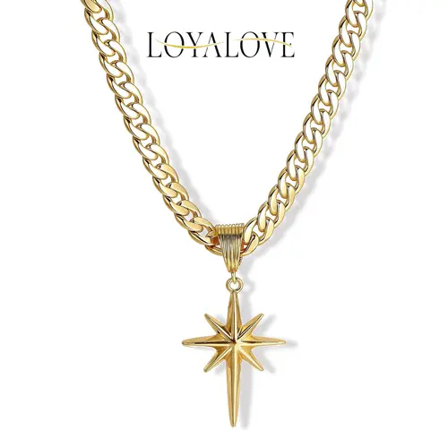 Loyalove 14K Gold Plated 8mm Women's Flat Cuban Eight Pointed Star Pendant Birthday Gifts Anniversary Gifts Jewelry for Women Girls Mother's Day Gift