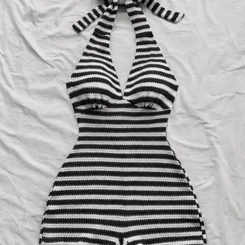 Women's Striped Halter Tie Back Adjustable Romper, Stretch Knitting Romper, Knit Halter Jumpsuit, Perfect for Vacation, Beach, Dates, Parties, Festive, Stylish, Chic, Elegant and Comfortable One-Piece Romper