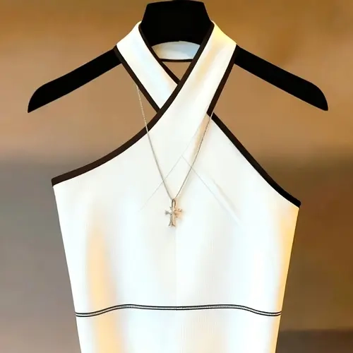 Women's Spring Summer Fashion Casual Knitted Short Halter Top, Chic Halter Neck, Colorblock Casual Comfy Cami Top Cross Back Design, Slim Fit Sleeveless Blouse, Camisole Tops