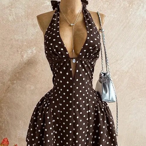 Women's Polka Dot V-Neck Sleeveless Cutout Waist A-Line Mini Dress, Feminine Boho Party Dress for Christmas, Date Nights and Vacations, Bohemian, Evening Party Dresses