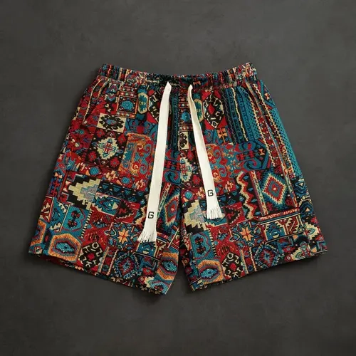 Ethnic Printed Loose Mid Men's Shorts, Summer Retro Casual Beach Shorts, Trendy Street Style Versatile Pants for Everyday Wear Lightweight Drawstring Shorts