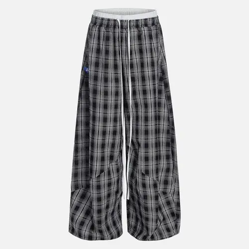 Aelfric Eden Double Waist Barrel Sweatpants Plaid Layered Wide-Leg Vintage Y2K Drawstring Unisex Loose Fit Streetwear Joggers,clothes for back to school,first day of school outfits,sohochic
