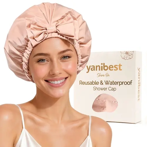 YANIBEST Women's Peachy Pink Reusable Shower Cap - Waterproof Watertight Seal, Quick-Dry Nylon for Easy Reuse, Cute Bow Accent, Comfortable Wide Band, Thick Hair Space, Durable One Size Haircare Accessory,sohochic
