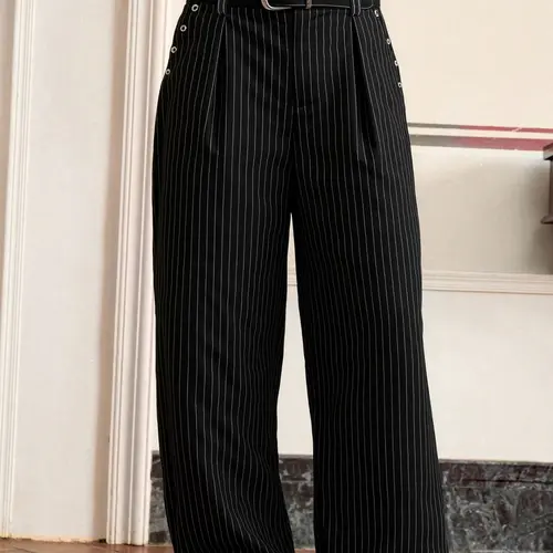 Anti-Wrinkle Soft Striped Classic Casual Pants With Pockets, Versatile Fitted Wide Leg Pants, Unisex Loose Straight Fit, Slimming Drape Long Trousers, Casual Chic Trousers, Casual Fashion Comfy, Casual Bottom