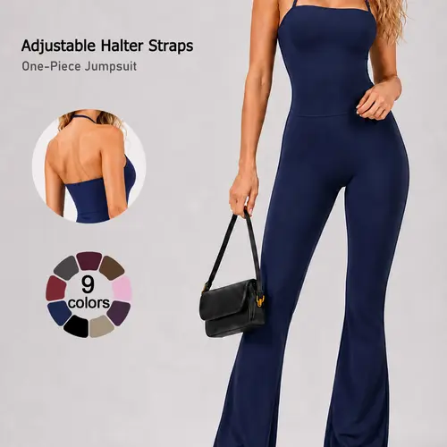 Women's Halter Neck Sleeveless Yoga Bodysuit, Yoga Workout Jumpsuits, Nylon-Spandex Blend Jumpsuit Flare Leg One-Piece Activewear for Outdoor Training & Fitness High Waisted Jumpsuits