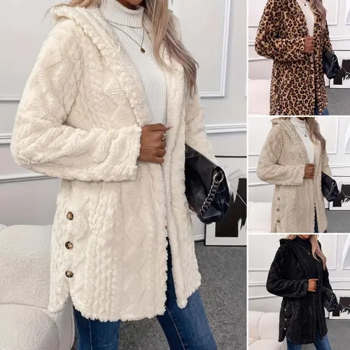 VVZ 2026 Women's Fall Winter Fuzzy Hooded Button Cardigan Oversized Long Sleeve Coat, Warm Fashion Casual Outerwear for Daily Wear & School Activities