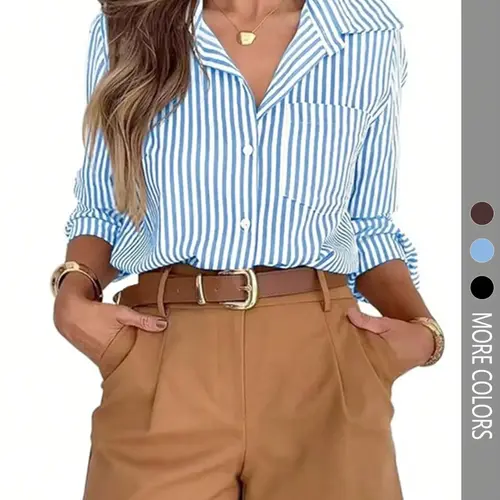 Women's Fashion Striped Long Sleeve Fitted Casual Shirt, Blouse Tops, Blouse, Top, Casual Button Up, All Seasons Wear, Daily Stylish Aesthetic Clothing, Comfortable and Versatile