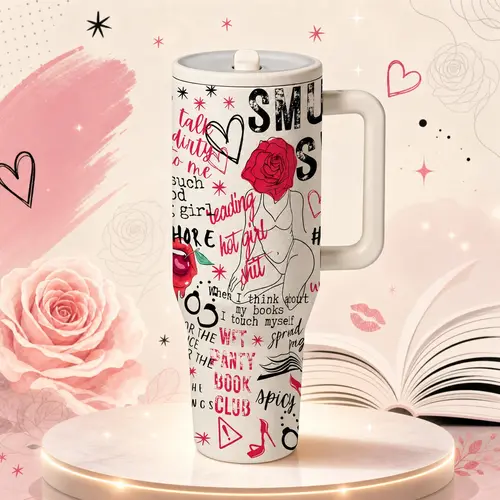 1 pc 40oz Insulated Mug with Handle and Straw Lid, Double-Wall Vacuum Leakproof Tumbler, Leak-Proof Large-Capacity Thermal Cup Keeps Drinks Hot 12 Hours and Cold 24 Hours, Smut Book Club Dark Rose Heart Print Gift for Women and Men, Insulated Travel Cup