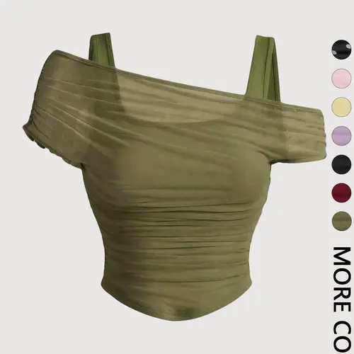 Women's Asymmetric Off Shoulder Neckline Ruched Crop Top, Trendy Womenswear Mesh Top for Club, Date Night & Vacation