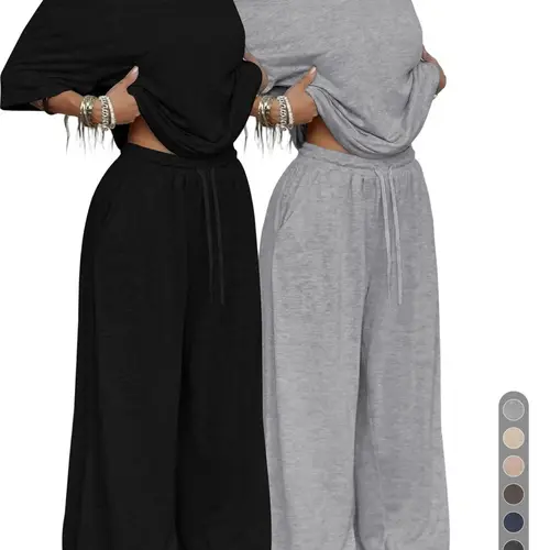 Relaxed Off-Shoulder 2 Piece Set, Two Pieces Outfits, Oversized Top and Wide Leg Elastic Drawstring Pants for Casual, Daily, Everyday, Streetwear, Comfortable Basic Womenswear Loungewear