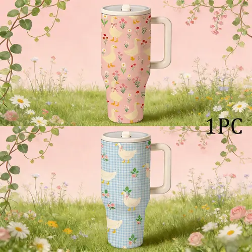 1 Pc 40oz Insulated Stainless Steel Mug With Handle And Lid, Double Wall Vacuum Cup, Leak Proof Large Capacity Thermal Mug, Keeps Hot 12 Hours Cold 24 Hours, Floral Goose Spring Pattern, Cute Gift For Women Men, Valentine Birthday Holiday Car Drinkware