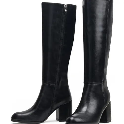 Women's High Heel Knee-High Boots, PU Leather Zipper Pointed Toe, Fall & Winter Fashion, Comfortable and Stylish, Perfect for Casual Wear, Block Heel Boots, Boot Heels, Boots With Zipper #GLOBAL PICKS