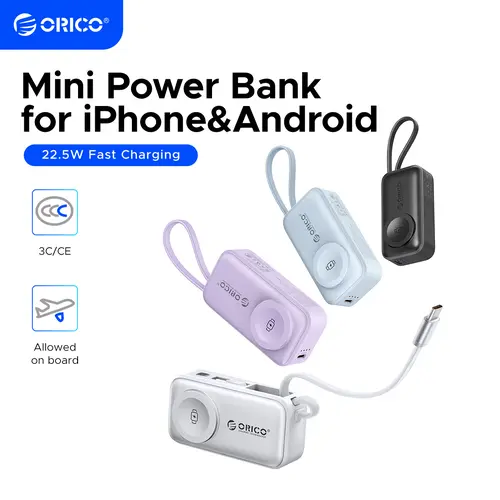ORICO 3-in-1 Folding Chargeable Portable Power Bank with Integrated Cable, Apple Watch Wireless Charging, Foldable Phone Stand - Compact Fast-Charge Mobile Phone Accessory for iPhone & Android Smartphones - S18