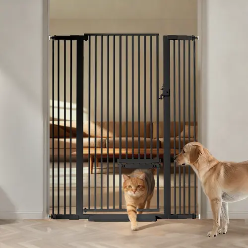 BIOBY 55.1" Tall Adjustable Pressure-Mounted Pet Gate for Cats, 29.5-43" Wide with Adjustable Cat Door & Double Lock, Easy Walk-Through for Stairs, Doorways
