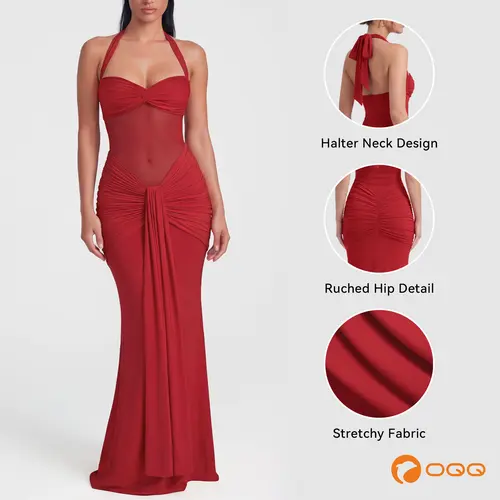 OQQ Women's Sleeveless Halter Neck Bodycon Maxi Dress - Stretch Formal Wear with Ruched Hip, Sheer Mesh Waist Panel, Elegant Classy Flattering Wedding Guest Outfits, Birthday Dresses, Night Out Clothes for Women