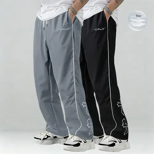 Men's 2 Pack Black Athletic Polyester Pants Bestie Gamis, White Side Stripes, Embroidered Design, Drawstring Straight Leg, Casual Gym Athleisure Bottoms, Polyester Clothes, Sweatpants