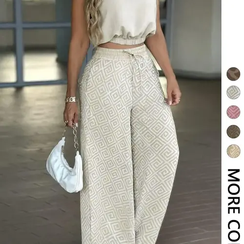 2-Piece Women's Basic Casual Commuter Clothes Set, Sleeveless Collared Waist-Defined Top with High-Waisted Adjustable Drawstring Wide-Leg Pants