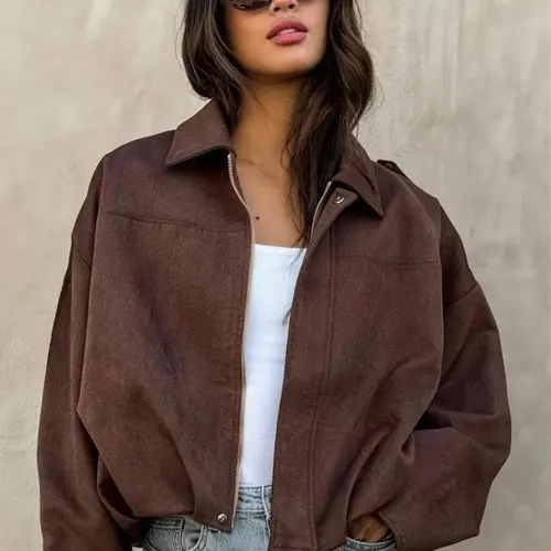 Women's Cropped Suede Casual Loose Fitting Collared Jacket Demi-Season Bomber Jacket Female Outerwears Streetwear Long Sleeve Oversized Black Brown Green Red Jacket Woman Fashion Zip Up Short Coat Lady Womenswear