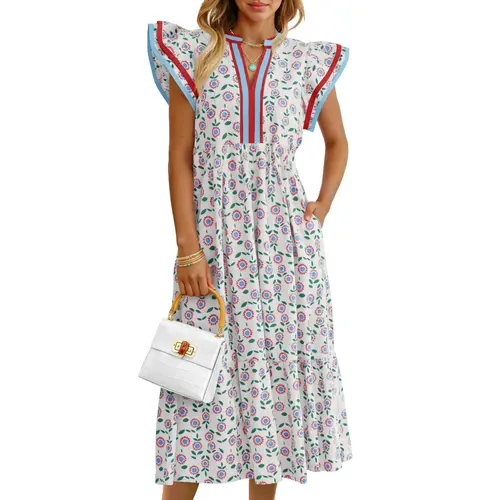 Wenrine Women's Soft Breathable Fabric Loose Floral Midi Sundress - Cap Sleeves, V-Neck, Ruffle Detailing, Flower Ornament, Boho Casual for Beach Vacation, Commuting, Women's Dresses