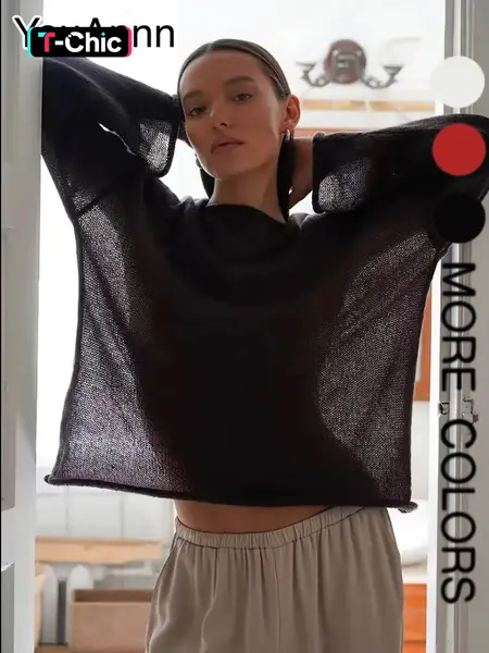 Women's Hollow Out Knit Sweater, Spring Summer New Arrival, Thin Round Neck Flare Sleeve Loose Fit Long Sleeve Top, Comfortable Breathable, Knitwear, Flared, Knitted