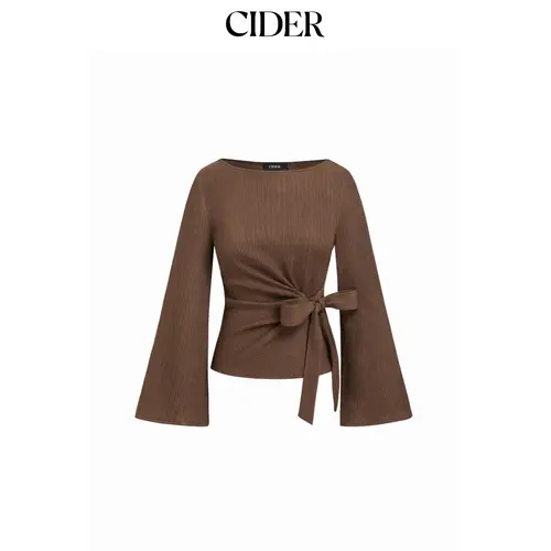 Cider Boat Neck Textured Side Knotted Ruched Long Sleeve Top Early Fall Thick Polyester Knit SohoChic