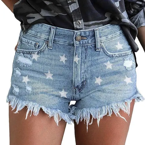 onlypuff Women's Cute High-Waisted Ripped Denim Shorts with Pockets, Casual Fit Geometric Accent Bottoms for Beach, Party, Dating