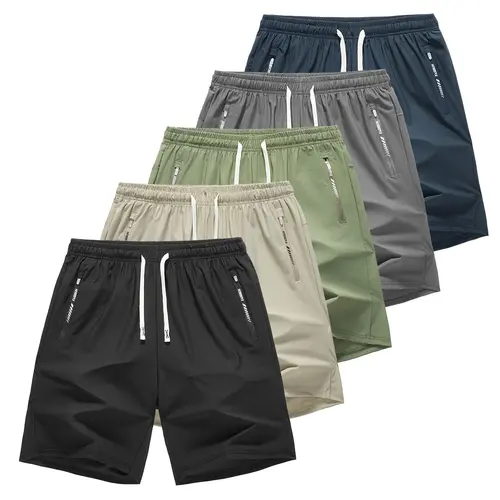 Men's 5-Pack Plain Dry-Fit Half-Length Casual Shorts (Color 1) - Elastized Drawstring Adjust Waistband, Zippered Printed Side Pockets, Breathable Fits, Quick-Drying, Casual-Ready for Errands and Weekends