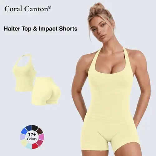 Coral Canton Seamless Halter Top & Sports Shorts Set SohoChic