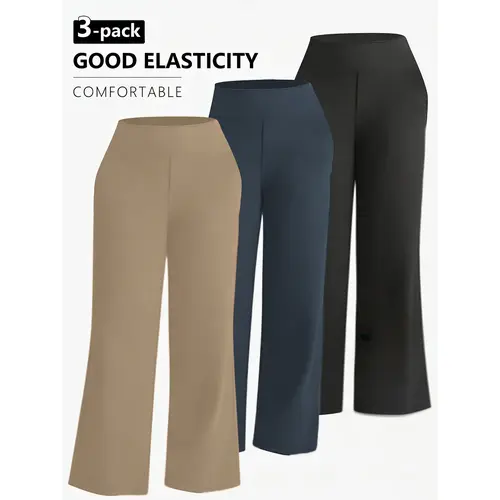 3 pairs of loose-fitting women's pants, with elastic waistband design - women's summer straight-leg pants, suitable for work and daily wear. With pockets. The fabric is thin and breathable, suitable for gym, jogging, outdoor and casual outfits. Bottoms Ca