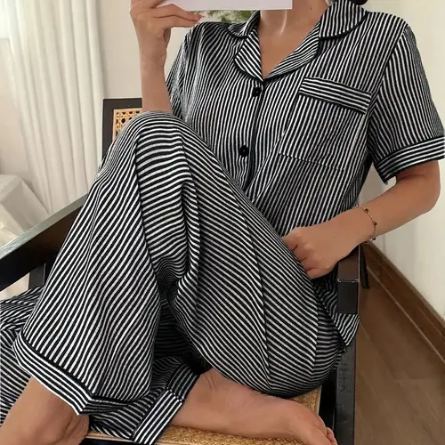 Women's Striped Print Button Front Short Sleeve Top and Bow Tie Long Pants Pajama Set, Casual Home Wear, All Seasons Loungewear, Nightwear Sleepwear