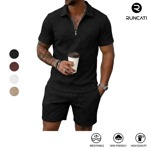 Runcati Mens Summer Track Suits Short Sleeve 1/4 Zip Golf Polo Shirts 2 Piece Shorts Sets Casual Textured Sweatsuit Outfits